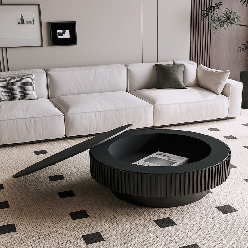 39.37in Round Coffee Table with Storage Solid Wood Veneered - Black