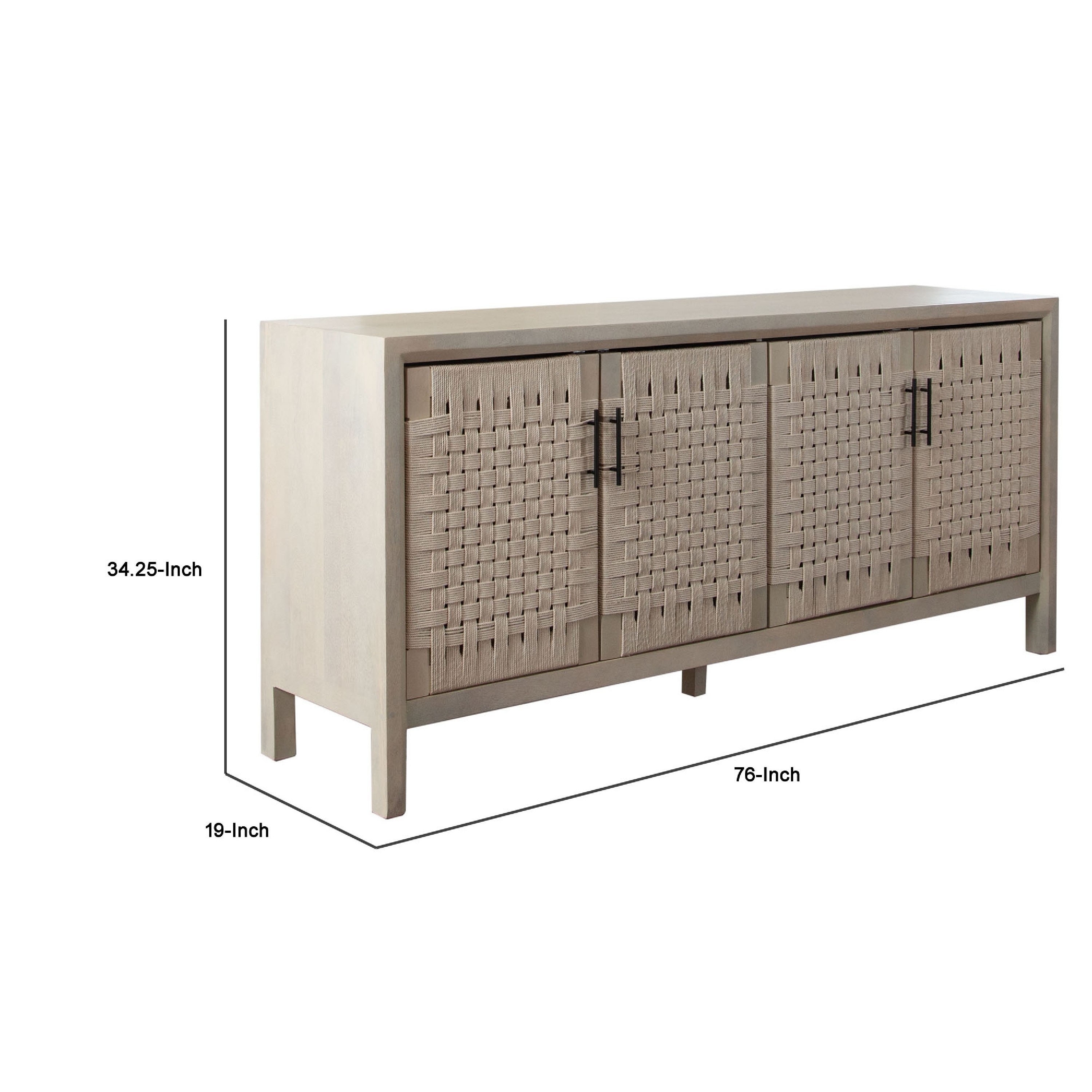 Benjara Pam Sideboard Buffet Cabinet 76 Inch, Natural Mango Wood w 4 Woven Doors