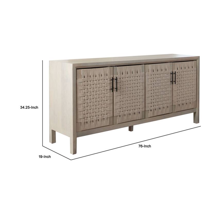 Pam Sideboard Buffet Cabinet 76 Inch, Natural Mango Wood w 4 Woven Doors