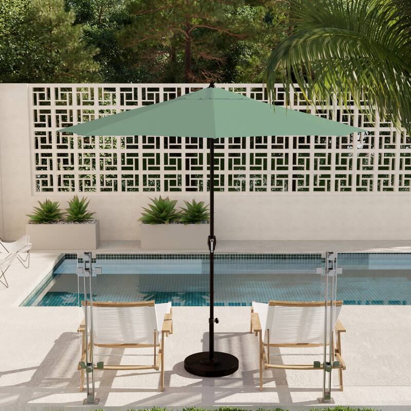 California Umbrella 9' Round Crank Lift Auto Tilt 8 Rib Aluminum Patio Umbrella, Bronze Finish, Pacifica Pacific Blue Fabric - Spa