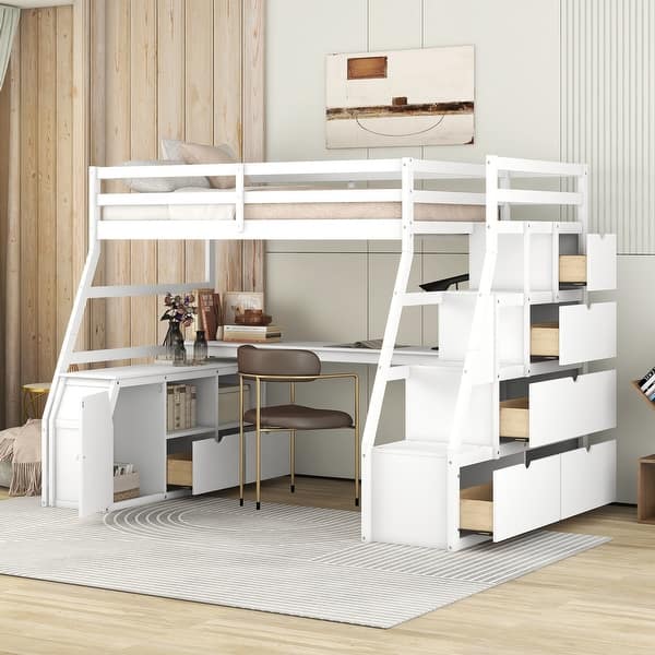 slide 2 of 36, Multifunctional Twin Size Loft Bed with Built-in Desk, Storage Cabinet, 7 Drawers, 2 Shelves, Stairs and Guard Rail White - Twin