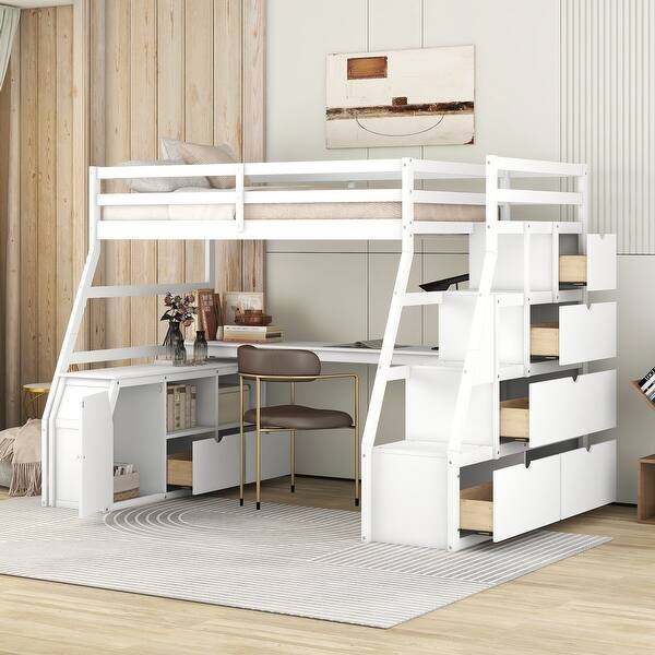 slide 2 of 9, Twin Size Loft Bed with Seven Drawers, Pine Wooden Bed with 2 Shelves, Kid's Bed with Desk for Bedroom, White White