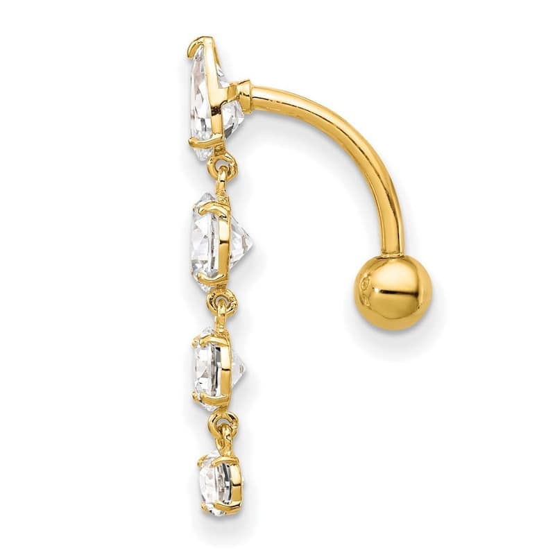 Curata 10k Yellow or White Gold 14g Top Down 4 Stone Simulated Diamond Belly Ring Dangle - 6x28mm