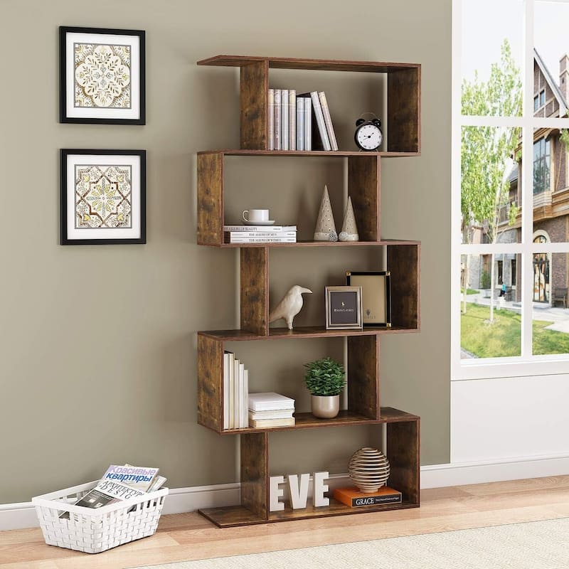 S-Shaped Bookshelf, Black Geometric Bookcase for Home & Office
