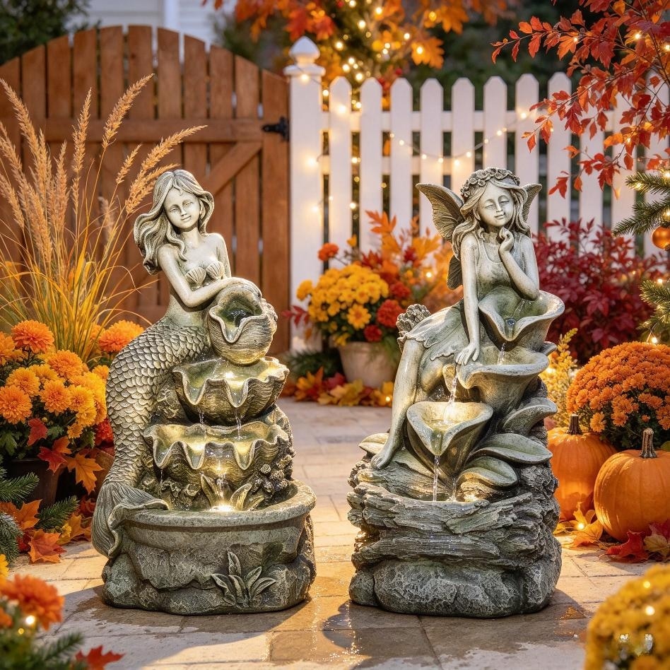 Glitzhome 22"H 4-Tiered LED Lighted Mermaid Fairy Polyresin Outdoor Floor Statue Fountains