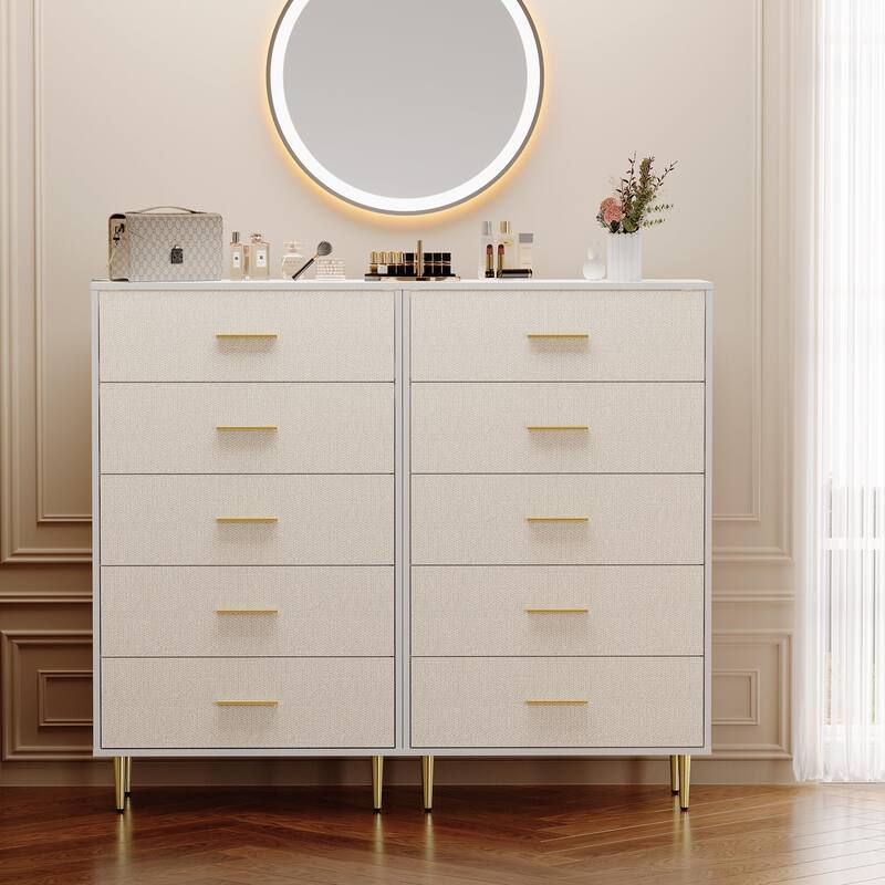 3/5/6/7/8 Drawer Dresser for Bedroom, Modern Wooden Chest of Drawers with Gold Handles