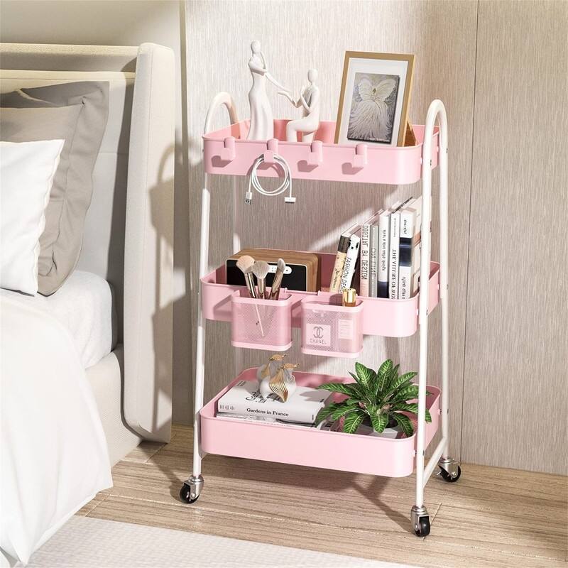 Tier Rolling Cart Metal Rolling Storage Cart with Handle and Lockable Wheels - 12.05"D x 17.52"W x 31.26"H - Pink With Basket and Hooks