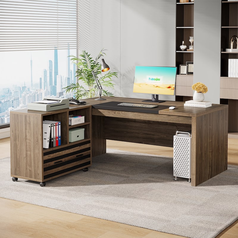 Large Executive Desk with Mobile File Cabinet, 62.2" L-Shaped Office Desk Business Workstation Set