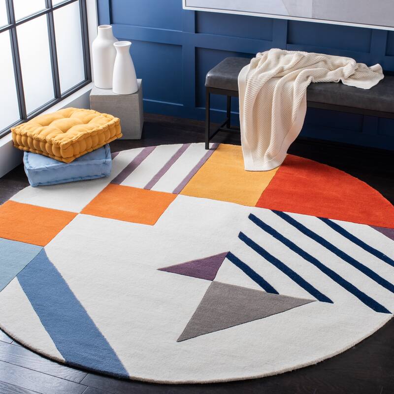 SAFAVIEH Handmade Fifth Avenue Carmo Mid-Century Modern Wool Rug - 7' Round - Ivory/Multi