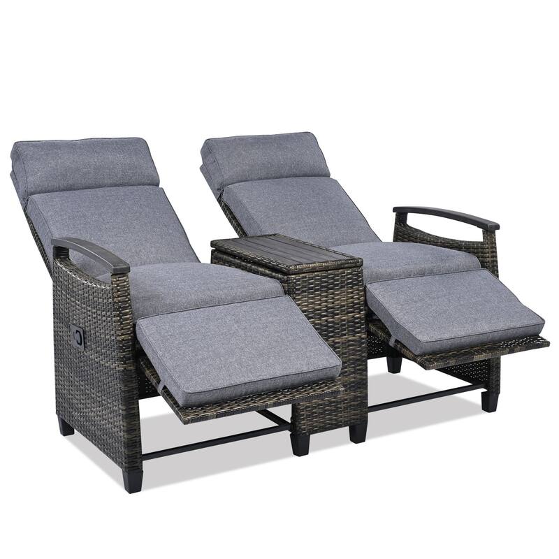 Wicker Patio Recliner Chair Set with Cushions and Storage Table