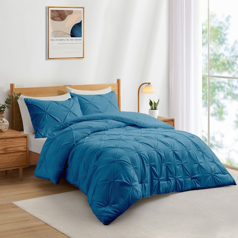 3 Piece Pintuck Pinch Pleat Comforter Set, Bedding Set for All Season, Navy