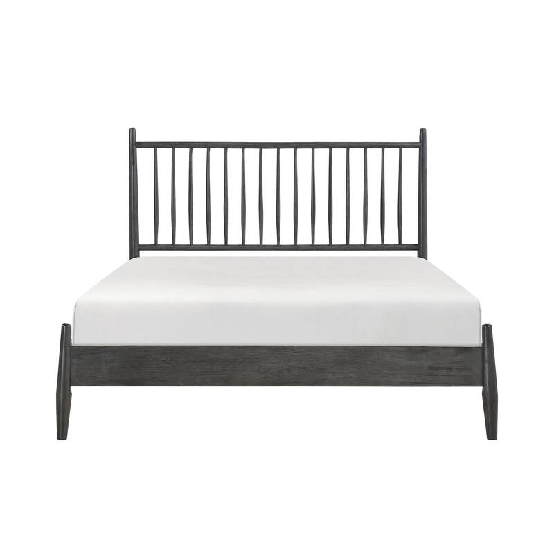 Mid-Century Modern Full Platform Bed with Vertical Slats Headboard, Gray Finish, No Box Spring Needed