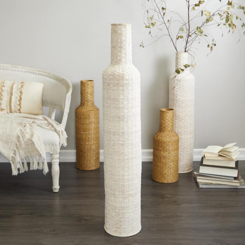 Bamboo Wood Tall Woven Floor Decorative Vase - White - Roche River Decor
