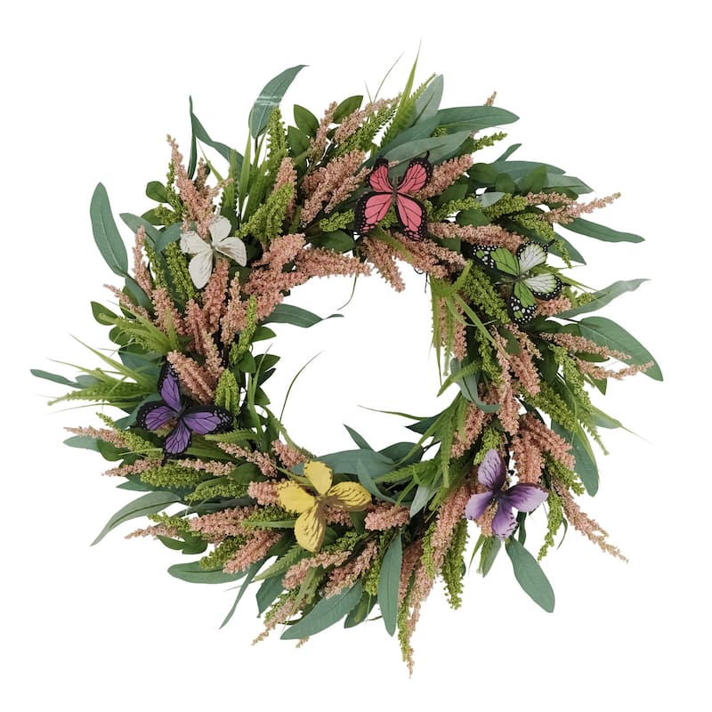 24" Vibrant Puleo International Artificial Salix Leaf with Butterfly Floral Spring Wreath