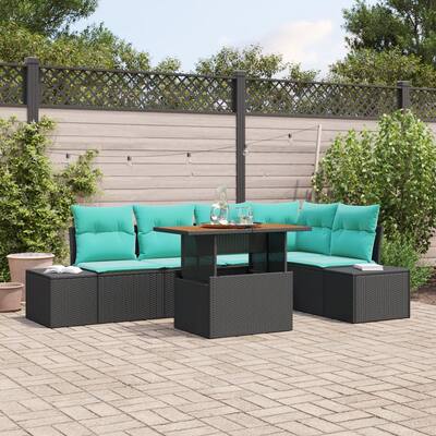 vidaXL 6 Piece Garden Sofa Set with Cushions Black Poly Rattan - 103.9×60.6×27.2