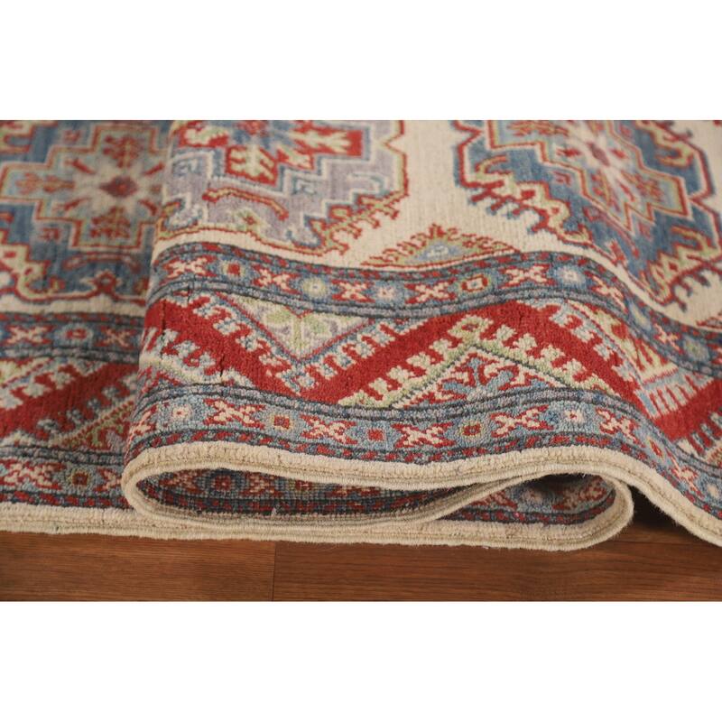 Geometric Kazak Runner Rug Handmade Beige Wool Carpet - 2'7" x 15'6"