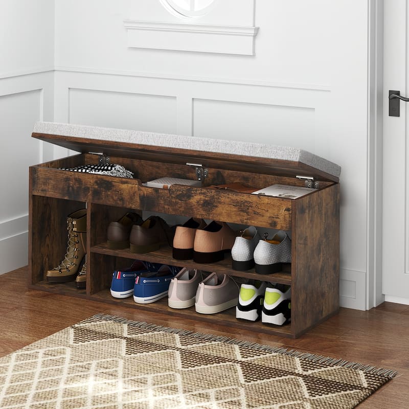 Engineered Wood Shoe Bench with Cushion and Storage Shelves - 41" x 12" x 20.5" (L x W x H)