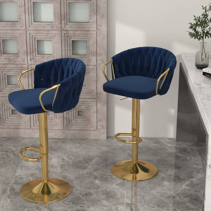Set of 2 Bar Stool Adjustable Height Swivel Velvet Woven