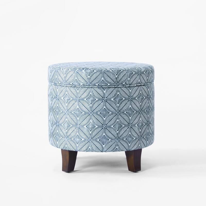 Loni 19 Inch Round Storage Ottoman in Indigo Blue Pattern & Walnut Brown - Walnut Brown