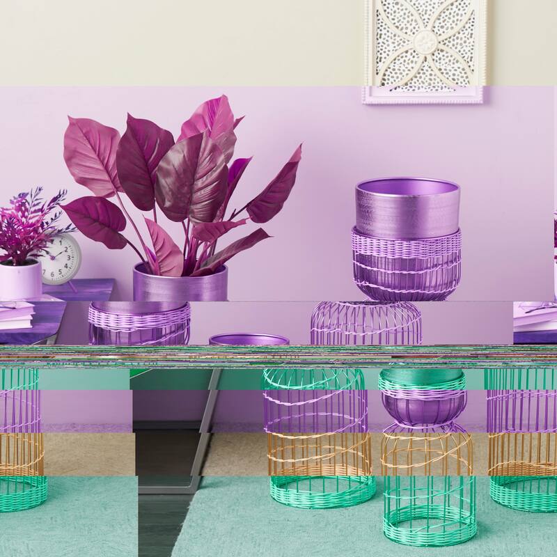 Silver or Gold Metal Caged Wire Planter with Woven Seagrass Accents (Set of 3)