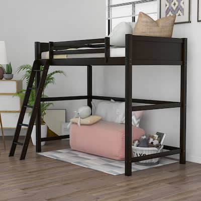 Modern Simple Style Twin Size Solid Pine Wood Loft Bed with Full Length Guardrail and Inclined Ladder