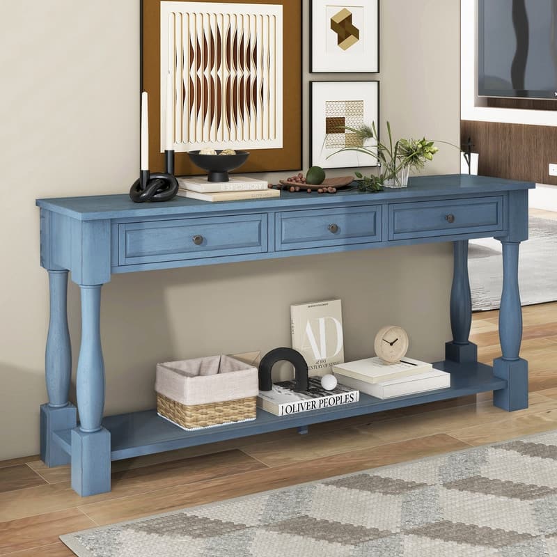 63"Long Console Table with 3 Drawers and Shelf for Entryway and Living Room in Mediterranean Design