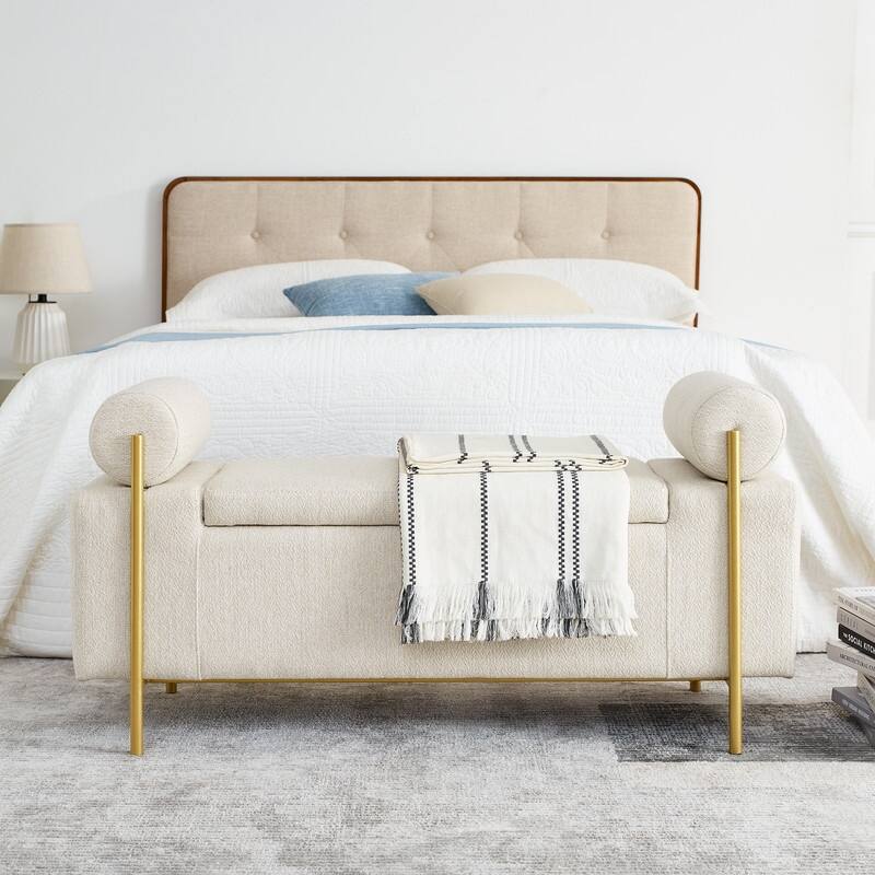 Morden Velvet Upholstered Storage Ottoman Bench, Elegant Footstool with Rolled Arms and Iron Legs for Bedroom, Hallway