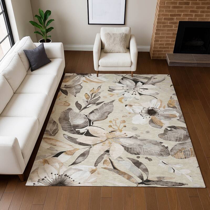Machine Washable Indoor/ Outdoor Floral Chantille Rug