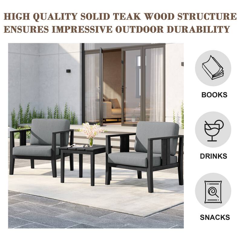 Uixe 3-piece Teak Solid Wood Outdoor Arm Chairs with Side Table Set