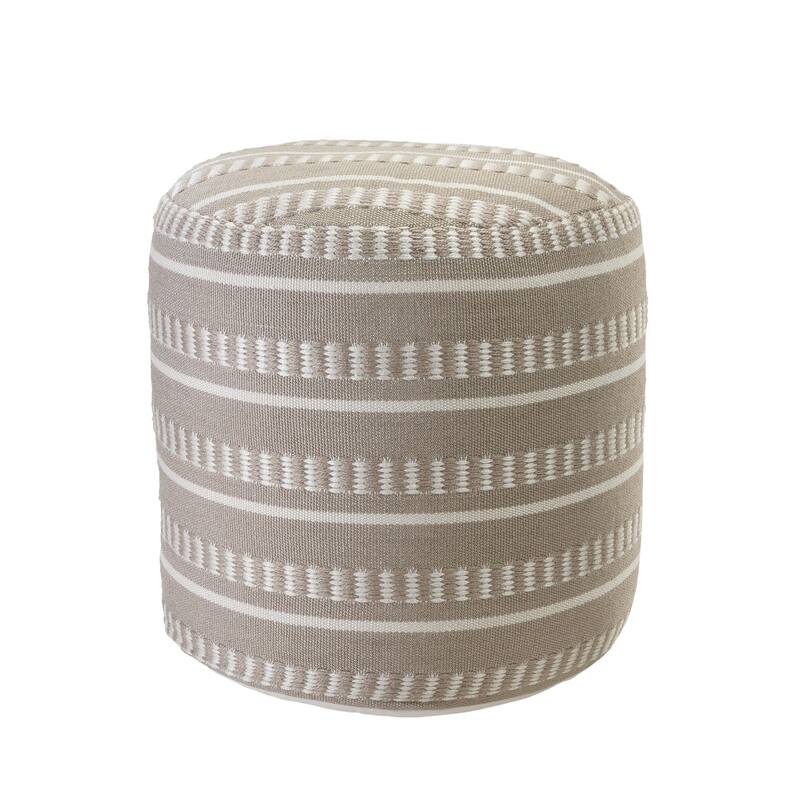 20" Taupe and White Striped Round Outdoor Patio Pouf Ottoman