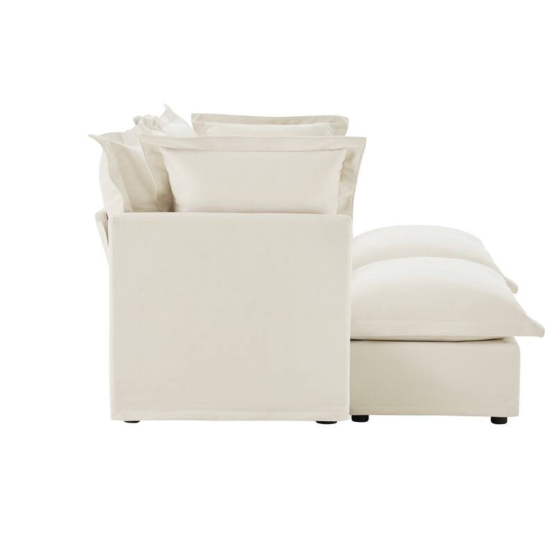 83.4" Chenille 2-Seater Sofa Set with 2 Ottomans, Sleeper Function & Removable Slipcovers