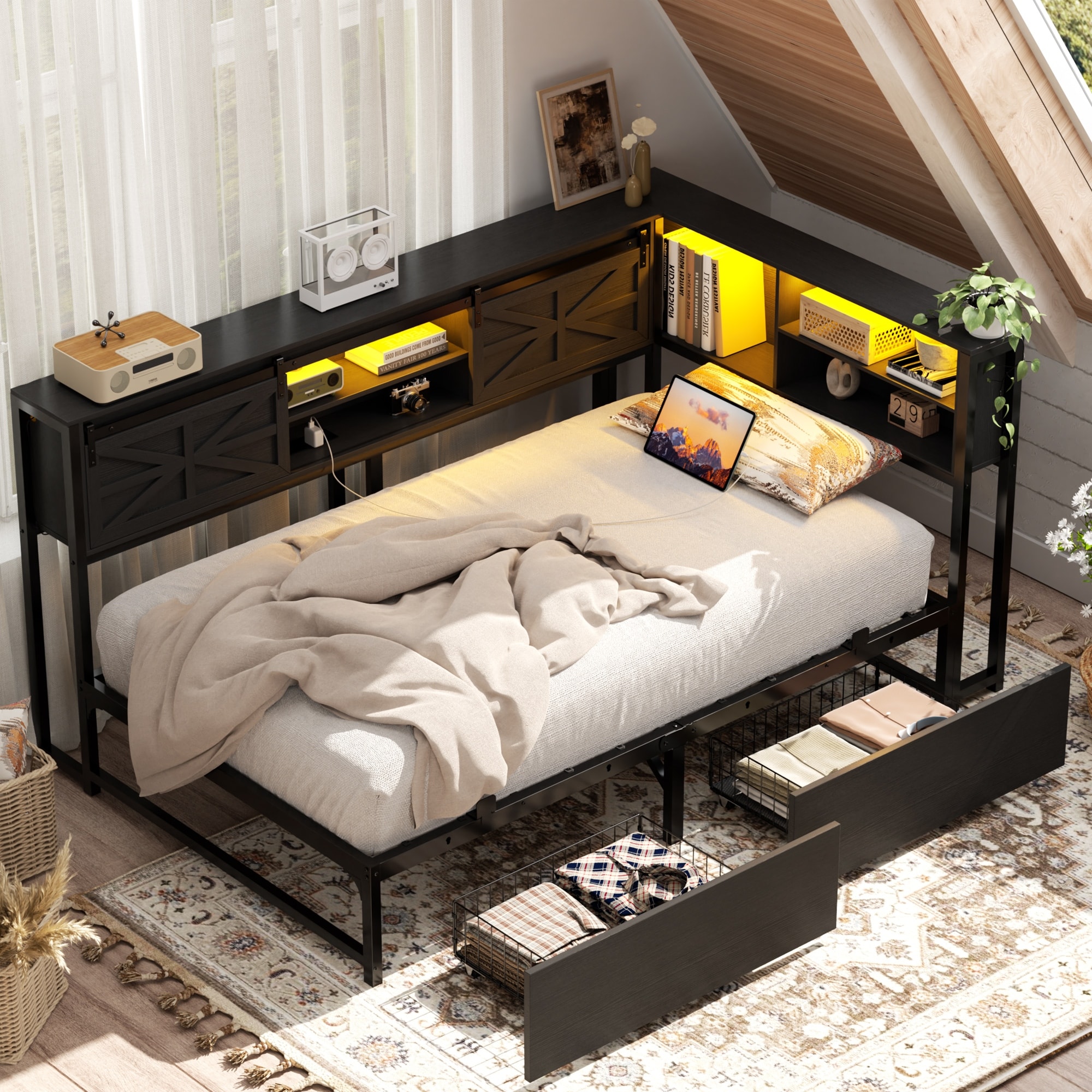 Corner Daybed with Drawers and Bookcase, Twin Bed Frame with LED Light and Charging Station