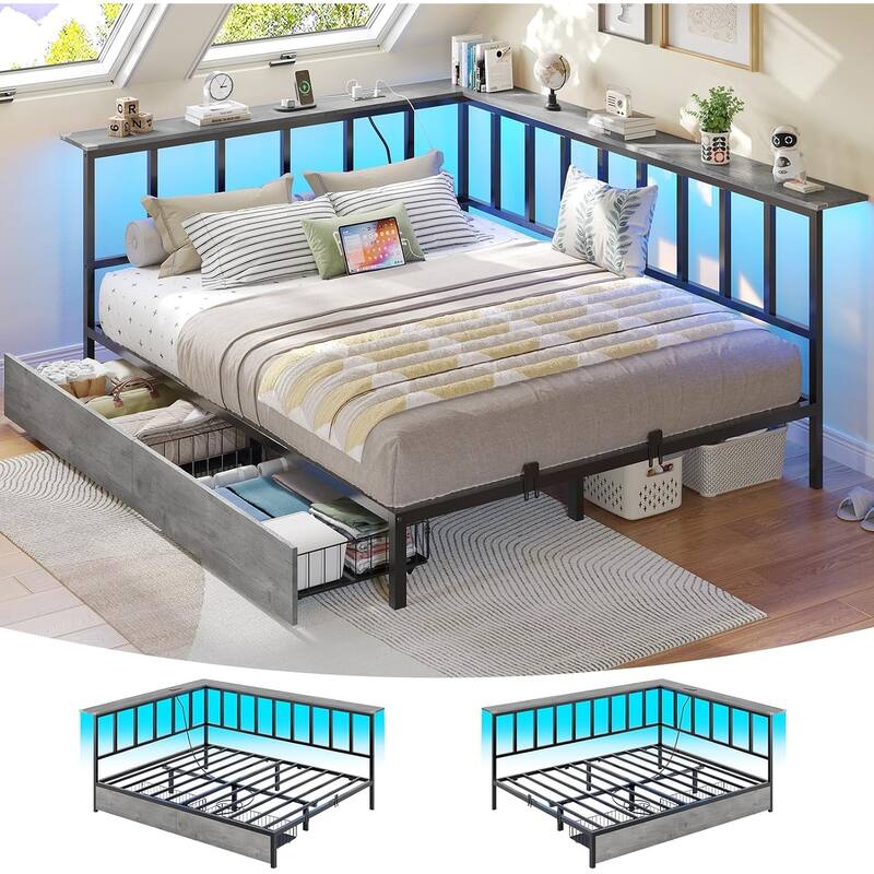 Corner Bed Frame 2 Storage Drawers Daybed Charging Station LED Lights - Grey - Full