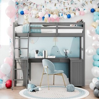 Artsy Twin Loft Bed with Drawers, Cabinet, Shelves and Desk, Solid Construction & Versatility galore, Health and Comfort, Grey