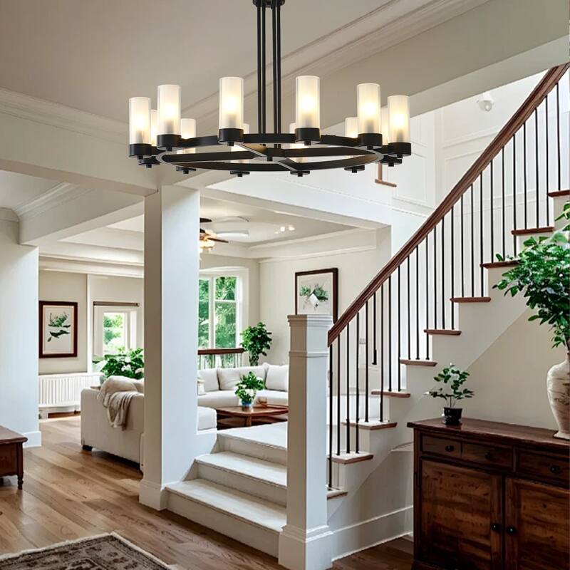 12 - Light Modern Round Chandelier with Frosted Glass Cylinder Shades