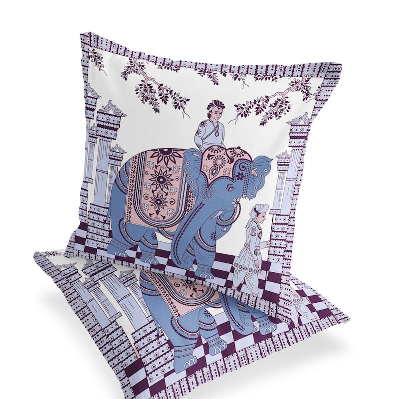 HomeRoots Set of Two 16" X 16" Blue and Purple Elephant Blown Seam Floral Indoor Outdoor Throw Pillow - 16.00' X '16.00' X '5.00