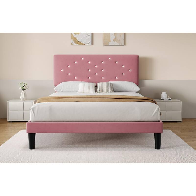 Bed Frames, Velvet Upholstered Bed Frame with Vertical Channel Tufted & Sturdy Wood Slats - Pink - Full