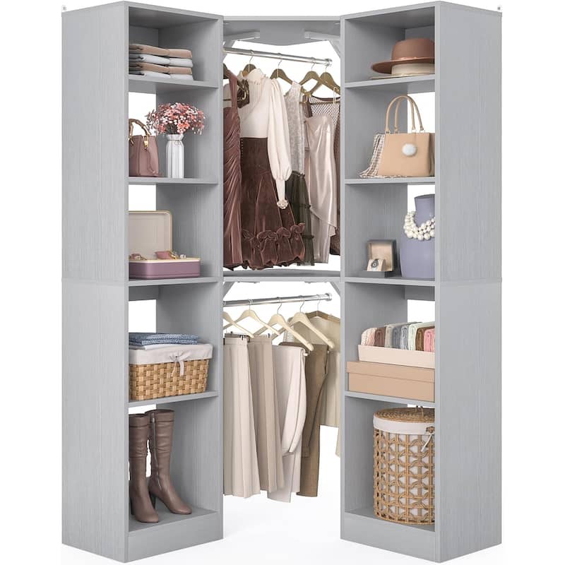 Kyrvo Corner Closet System with 12 Shelves and 2 Hanging Rods, 40"W x 80"H Freestanding Walk-in Closet Organizer System