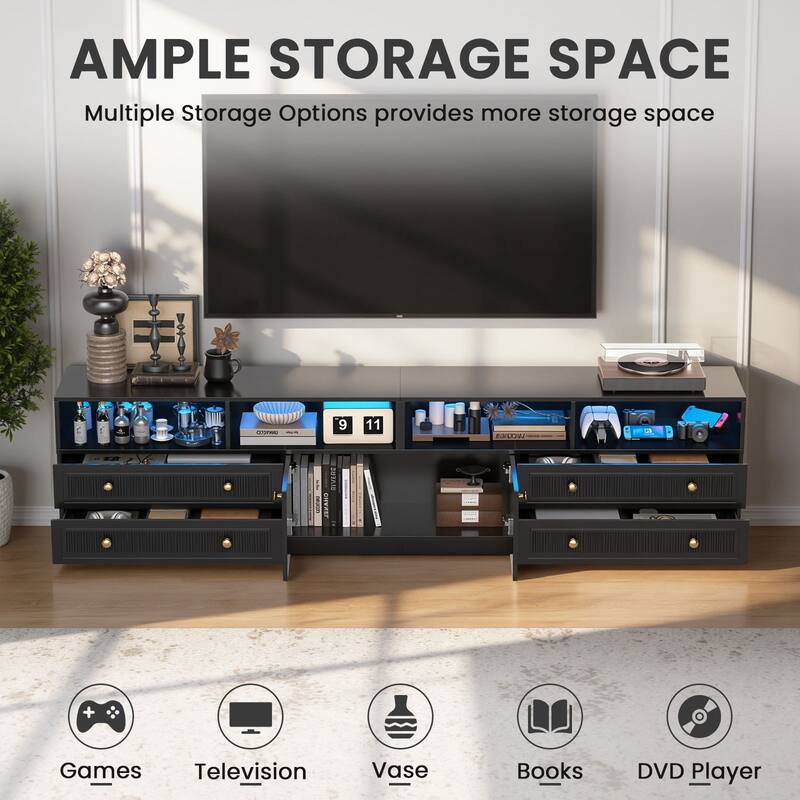 Meyreso 86.6" Modern LED Lighted TV Stand with 4 Open Shelves and Storage Cabinets