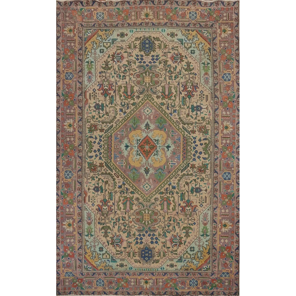 Hand Knotted Oriental 100% Wool Carpet Traditional Floral Beige & Ivories Tabriz Area Rug - 9' 7'' X 6' 7''