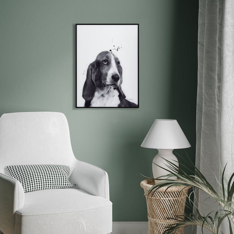 "Basset Hound" Black and White Pet Paintings on Printed Glass Encased with a Black Anodized Frame