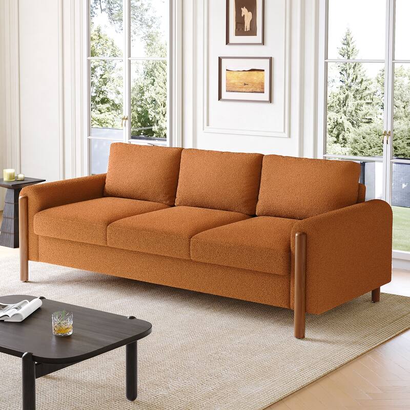 83.86" 3-Seater Sofa, Curved Armrest with Integrated Solid Wood Legs, Teddy Velvet Fabric, High Weight Capacity - Orange