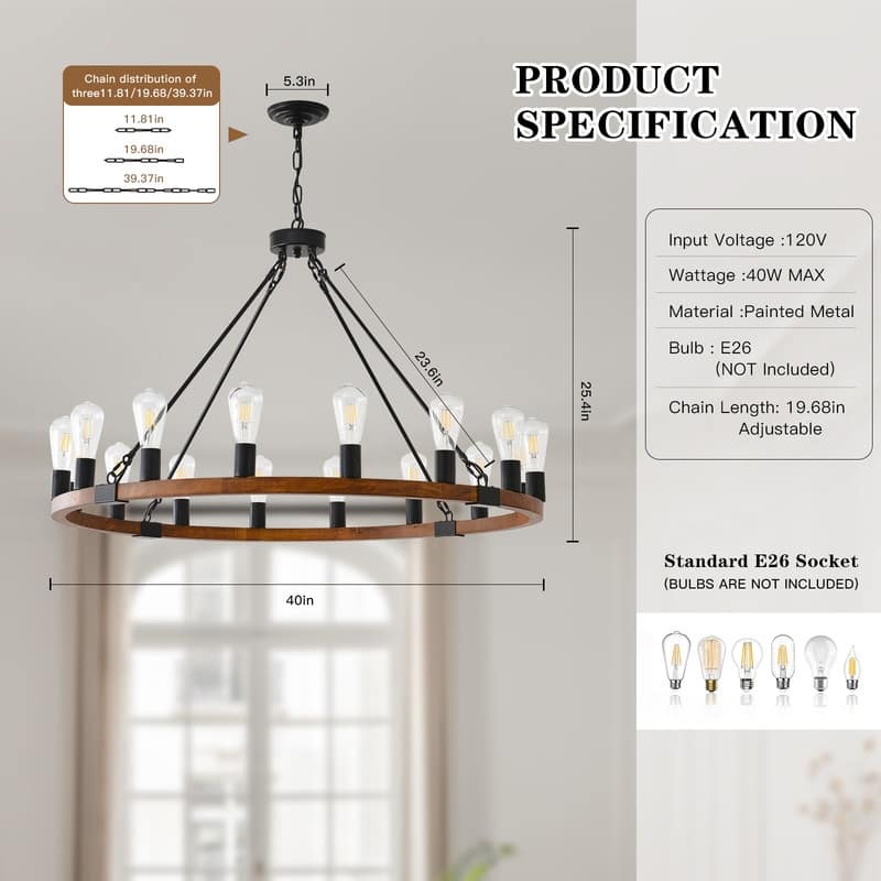 Farmhouse Wagon Wheel Chandelier - Rustic Wood & Metal Adjustable Pendant Light for Dining Rooms, Kitchens & Entryways
