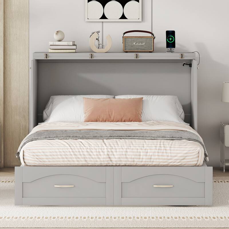 Space-Saving Murphy Wall Bed - Built-In Drawer Storage, Integrated USB Ports & Power Outlets, Smooth Pulley Mechanism - Grey - Full
