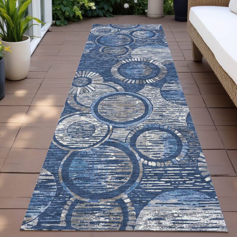 Machine Washable Indoor/Outdoor Contemporary Wheels Chantille Rug - Navy - 2'3" x 7'6"