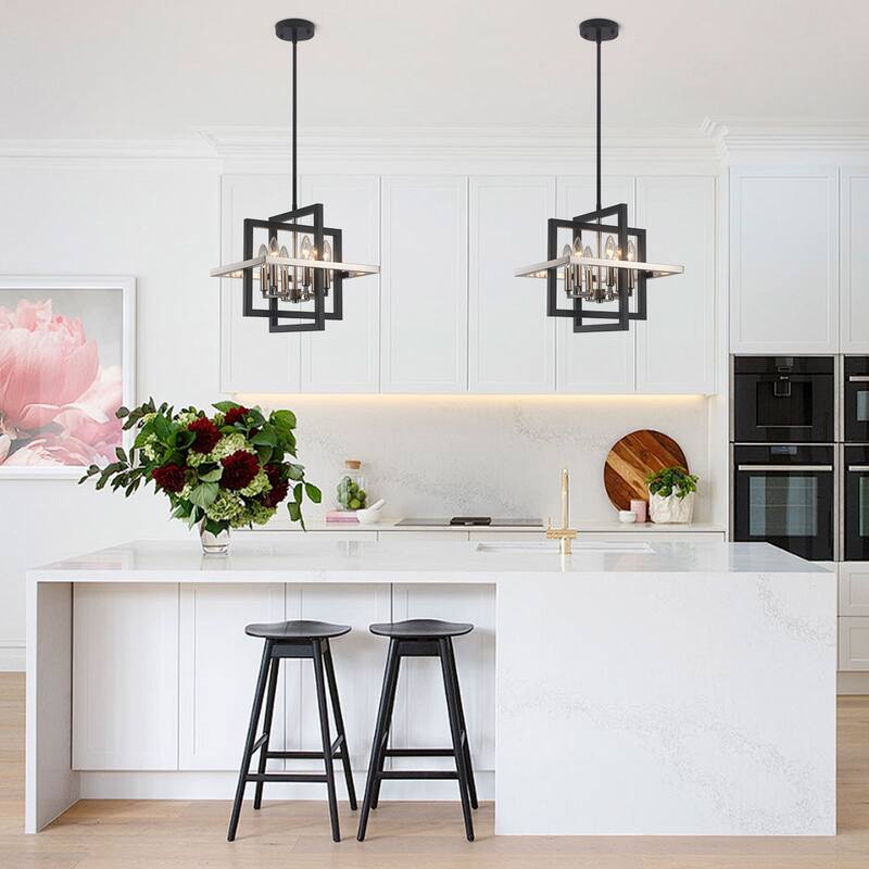 12.99" Wide 6-Light Semi Flush Mount Chandelier, Industrial Style Square Open Frame Pendant Light for Living Room