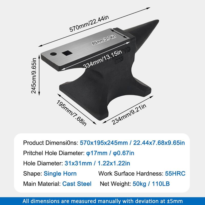 Single Horn Anvil, 110Lbs/50kg Cast Steel Anvil, High Hardness Rugged Round Horn Anvil Blacksmith