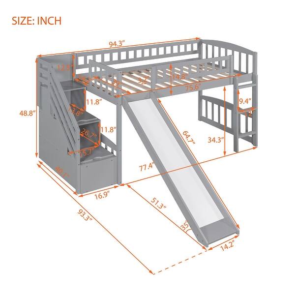 Elegant Stairway Twin Size Loft Bed with Two Drawers, Convertible Ladder and Slide, Sturdy and Durable, Maximized Space, Grey