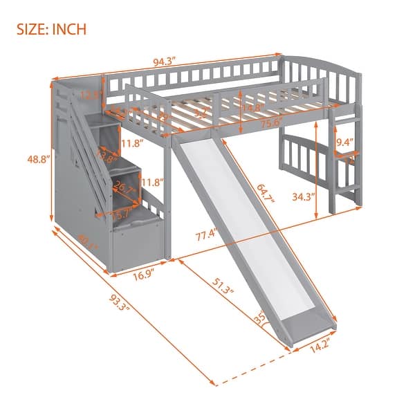 Stairway Twin Size Loft Bed with Two Drawers and Slide, Grey