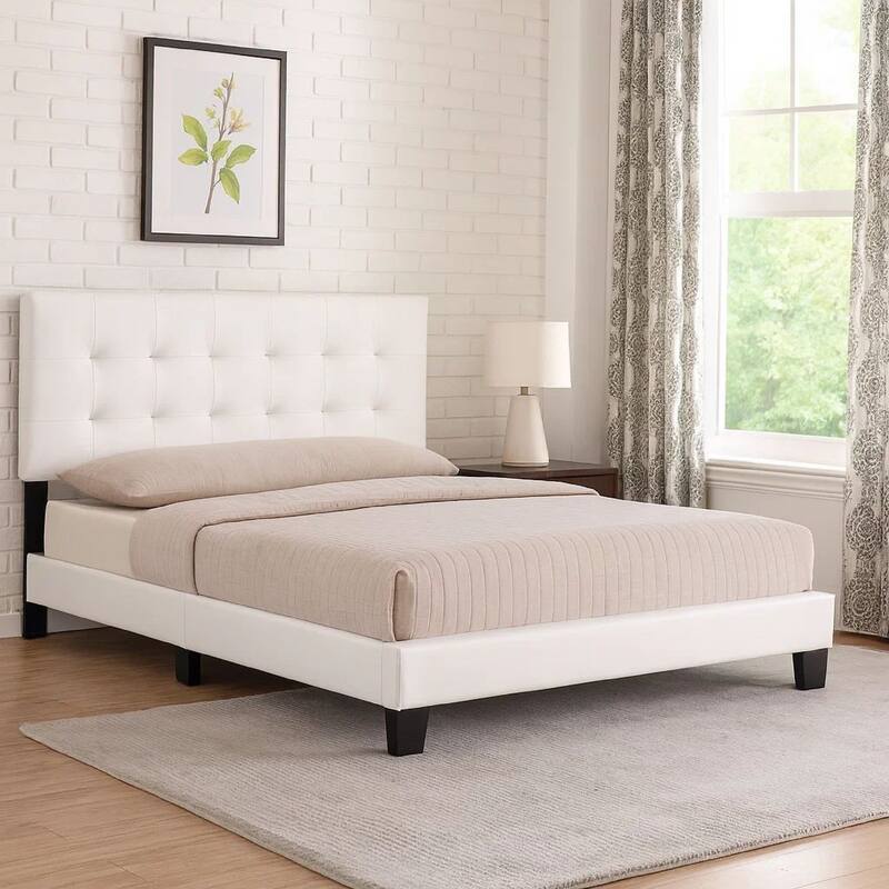 Full Leatherette Bed with Checkered Tufted Headboard, White